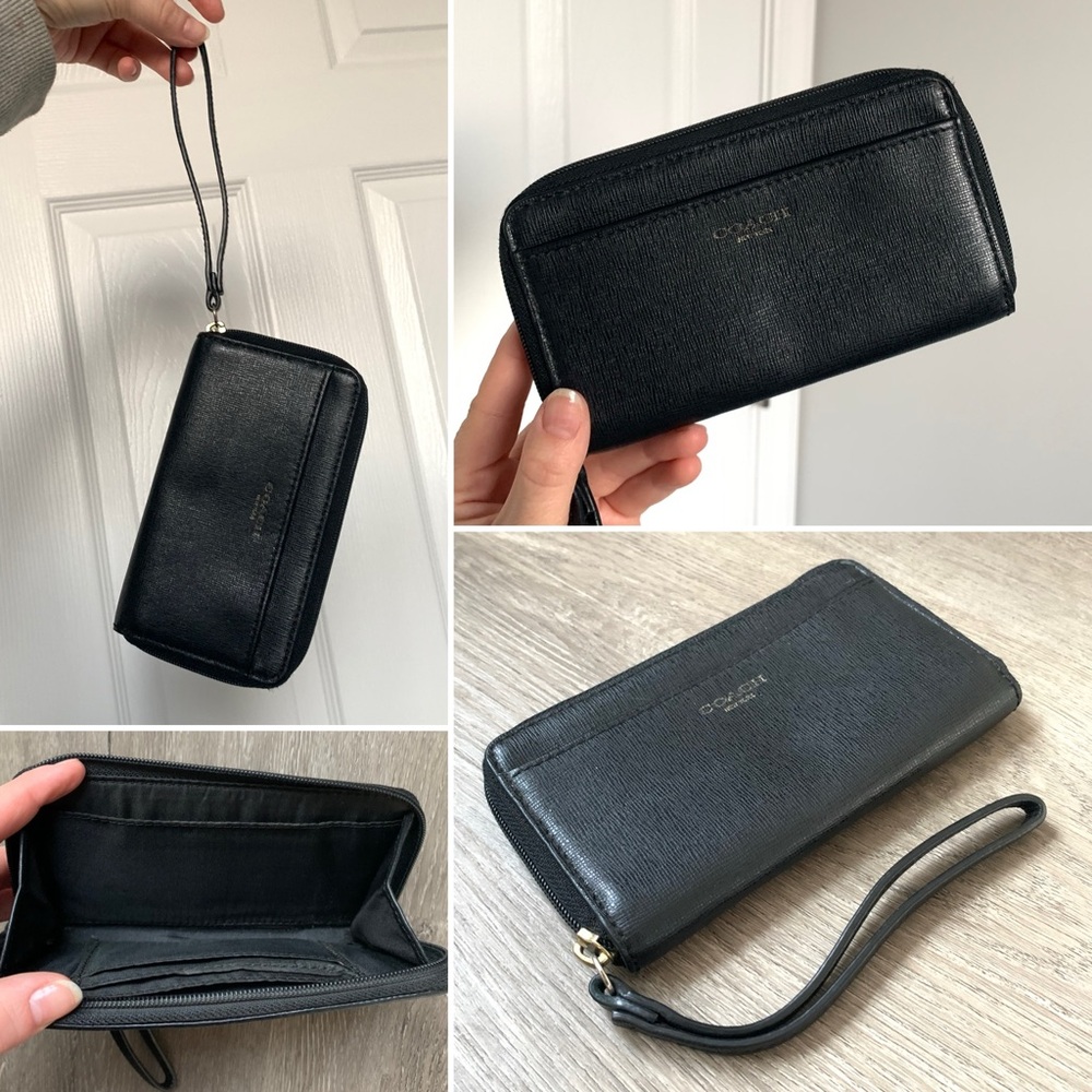COACH✨Black Saffiano Leather Peyton Zip Around Wrist Wallet